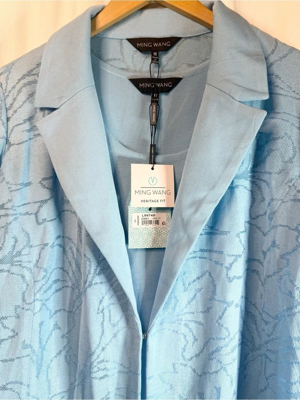 Ming Wang Light Blue Open Front Knit Longline Cardigan and Tank